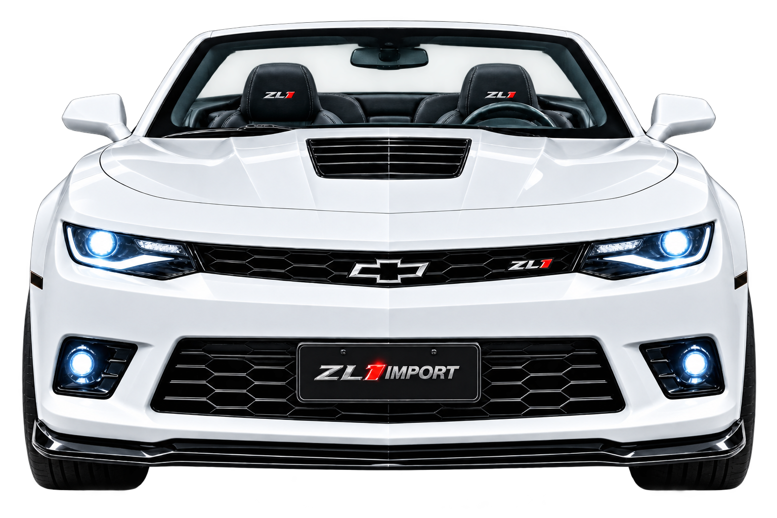 Carro esportivo branco de frente com faróis acesos e placa ZL1MPORT
